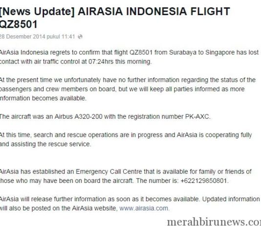 Konfirmasi Hilangnya Kontak Pesawat Air Asia QZ8501 Konfirmasi Hilang Kontak Pesawat Air Asia melalui Fanspage Facebook Air Asia