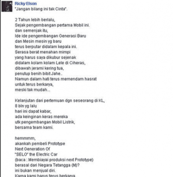 Screenshot FB Ricky Elson selo Ke Negara Tetangga
