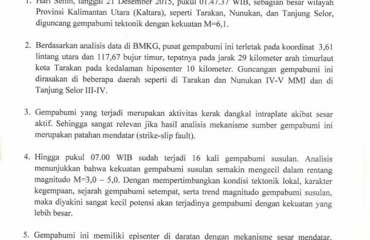 Penjelasan Gempa Bumi Tarakan Kaltara 21 Desember 2015 Kekuatan 6,1 Skala Richter Oleh BMKG Pusat