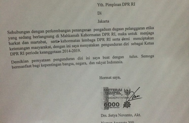 Surat Pengunduran Diri Ketua DPR RI Setya Novanto