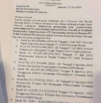katebelece atau surat pengantar dari pejabat kepada PT Pertamina yang dianggap palsu